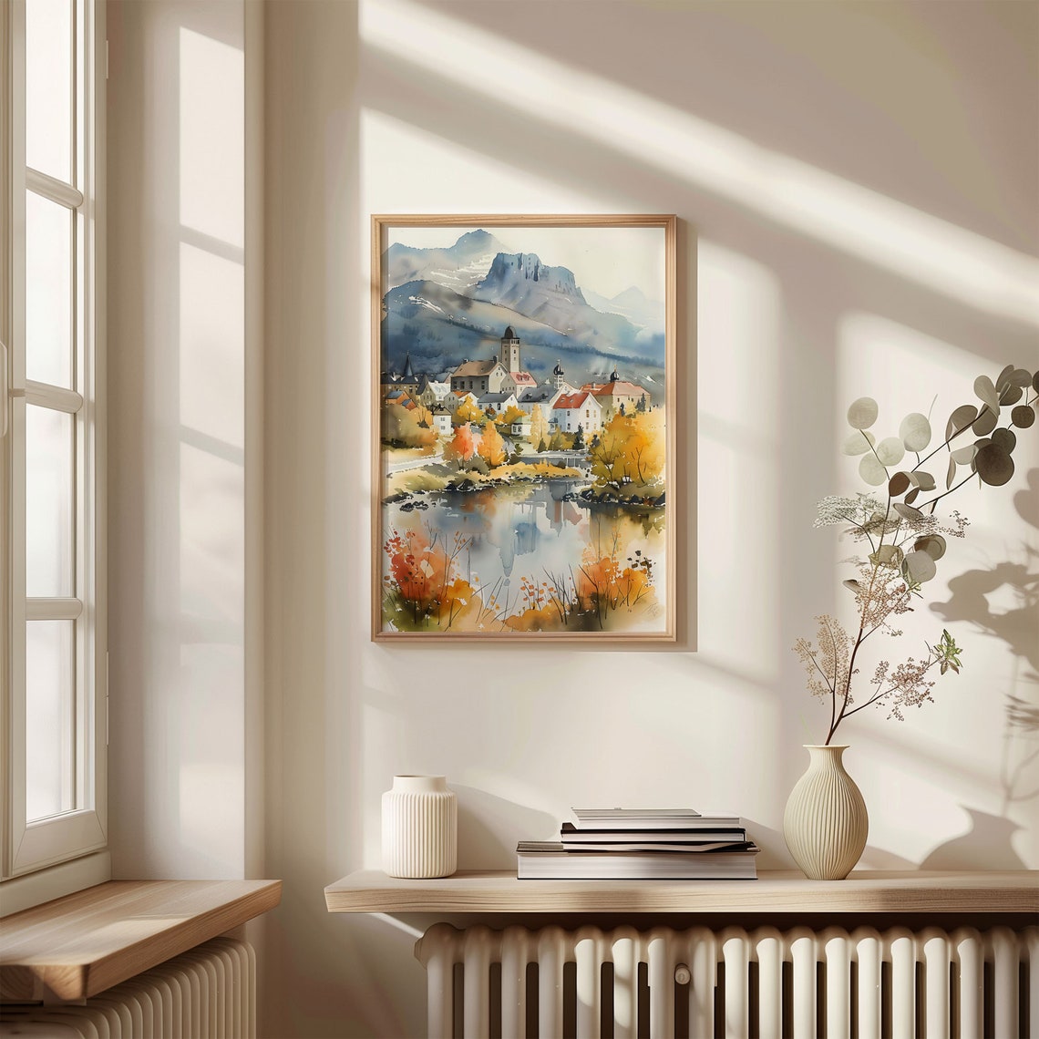 Iceland Lakeside Village Autumn Mountains Reflection Watercolor Poster - Image 4