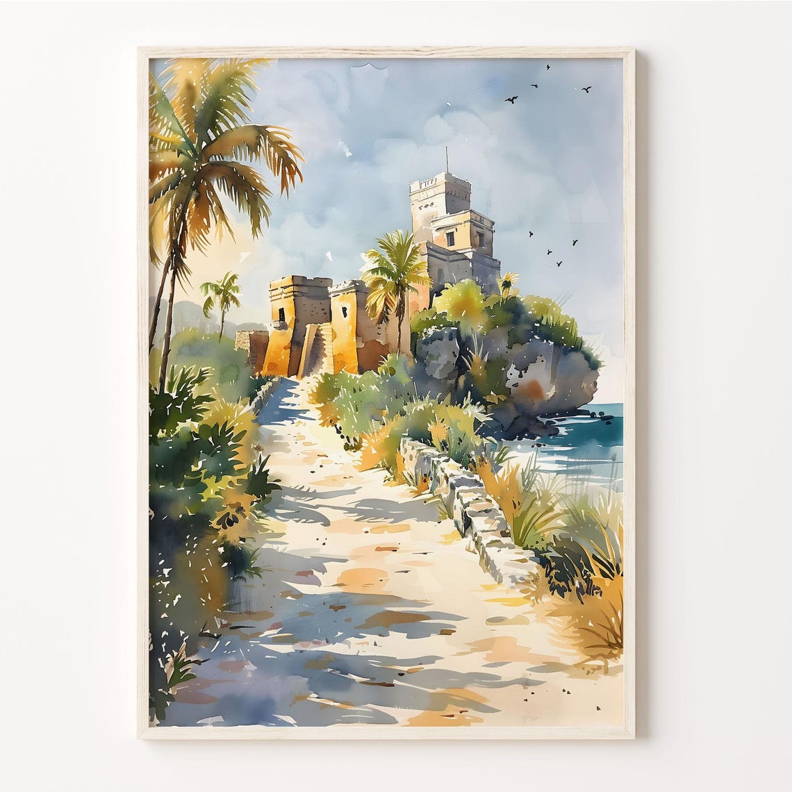 Tulum Mexico Seaside Mayan Ruins Palm Trees Watercolor Poster
