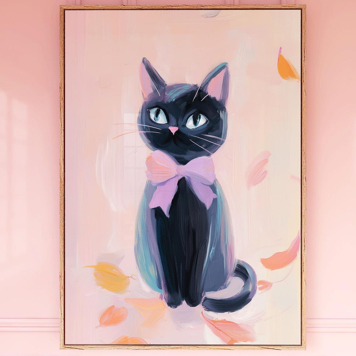 Black Cat With Pink Bow Painting Pastel Fall Kitten Cute Witchy Poster
