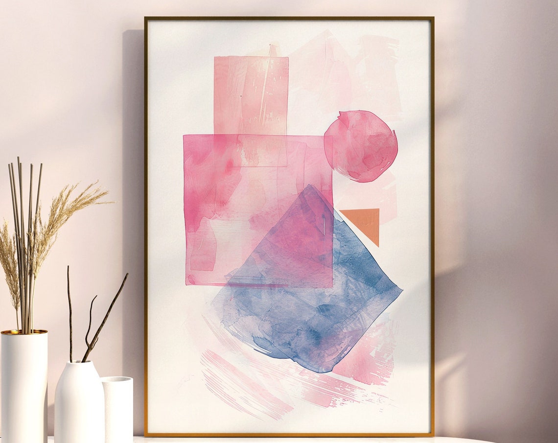 Geometric Shapes Watercolor Pink Blue Modern Abstract Art Poster - Image 4