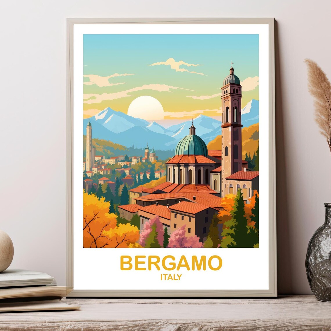 Bergamo Italy Vintage Travel Poster Historic Old Town Alpine Skyline