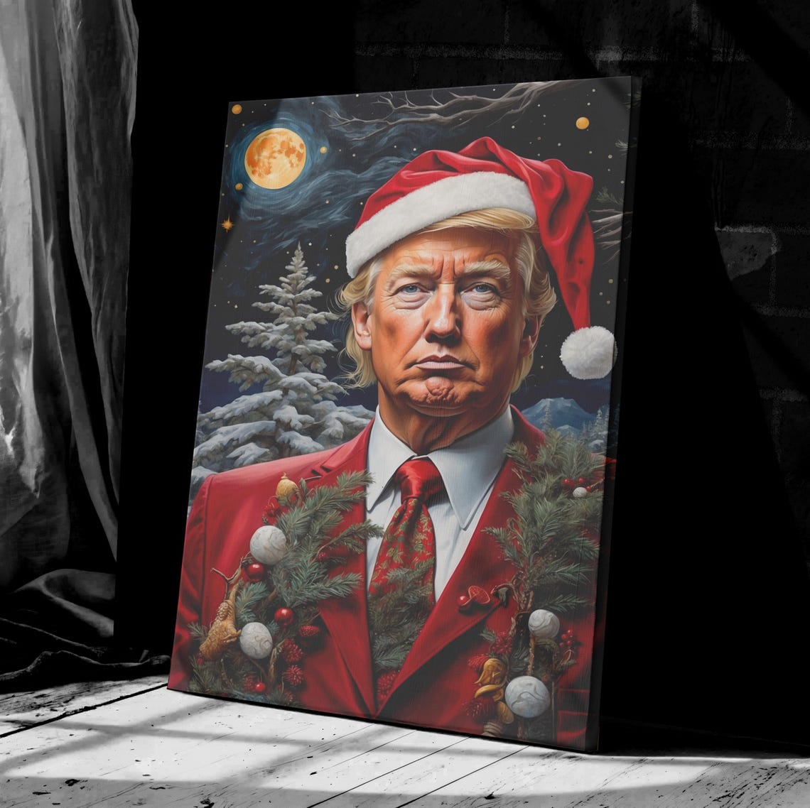 Donald Trump Santa Hat Christmas Starry Night Wonder Scene Poster