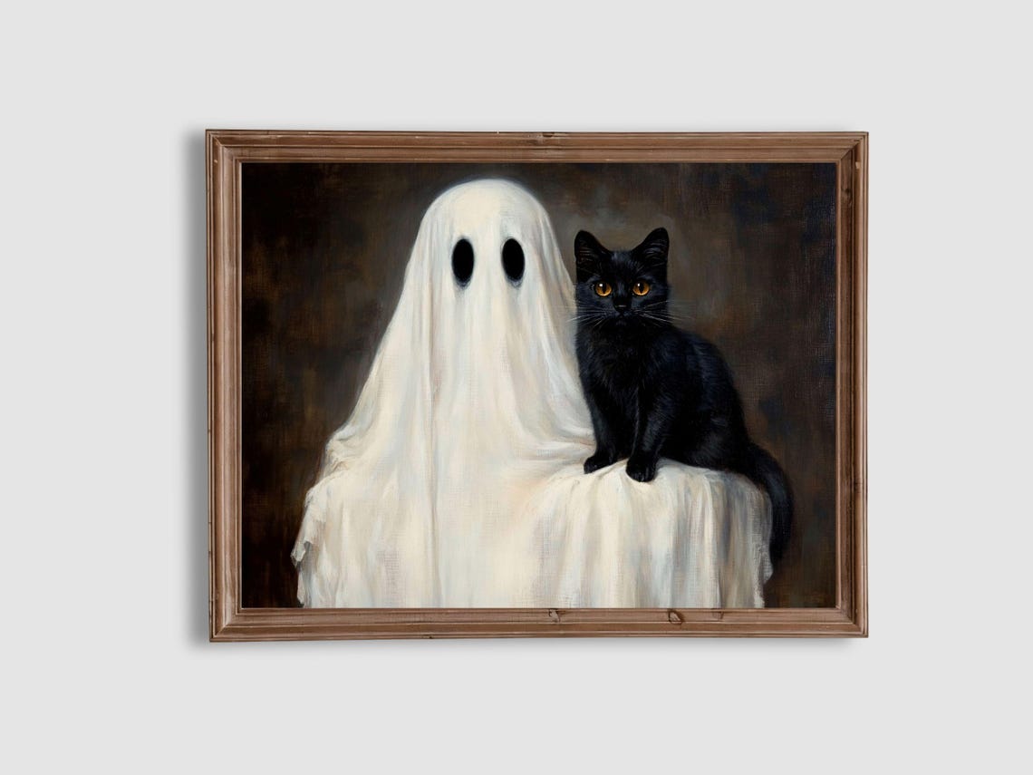 Ghost and Black Cat Vintage Dark Portrait Gothic Halloween Art Poster