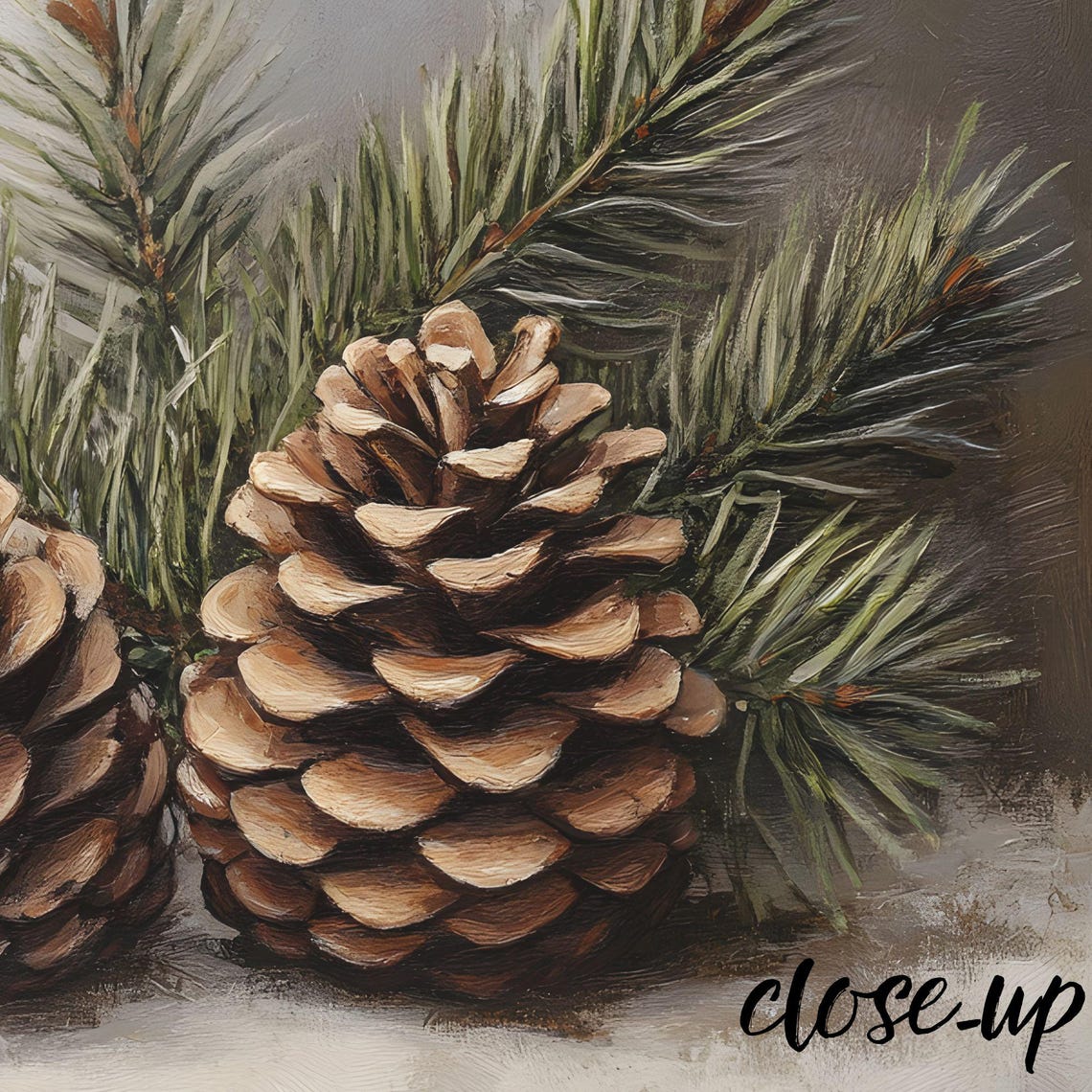 Rustic Pinecones and Evergreen Branch Snowy Winter Still Life Poster - Image 4