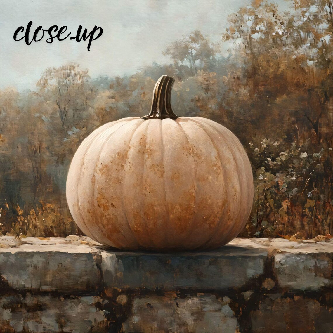 White Pumpkin on Rustic Stone Wall Autumn Forest Backdrop Still Life Art Poster - Image 4