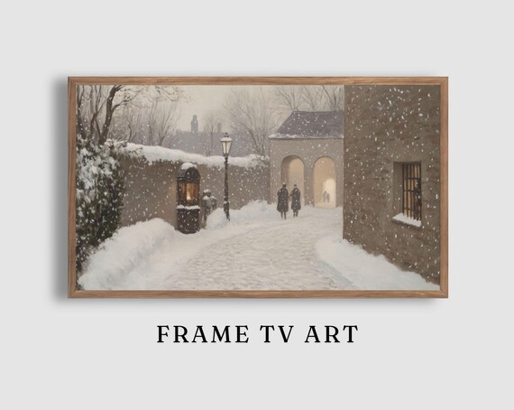 Cozy Snowy Alleyway Stone Arch Lamppost Old Town Winter Poster