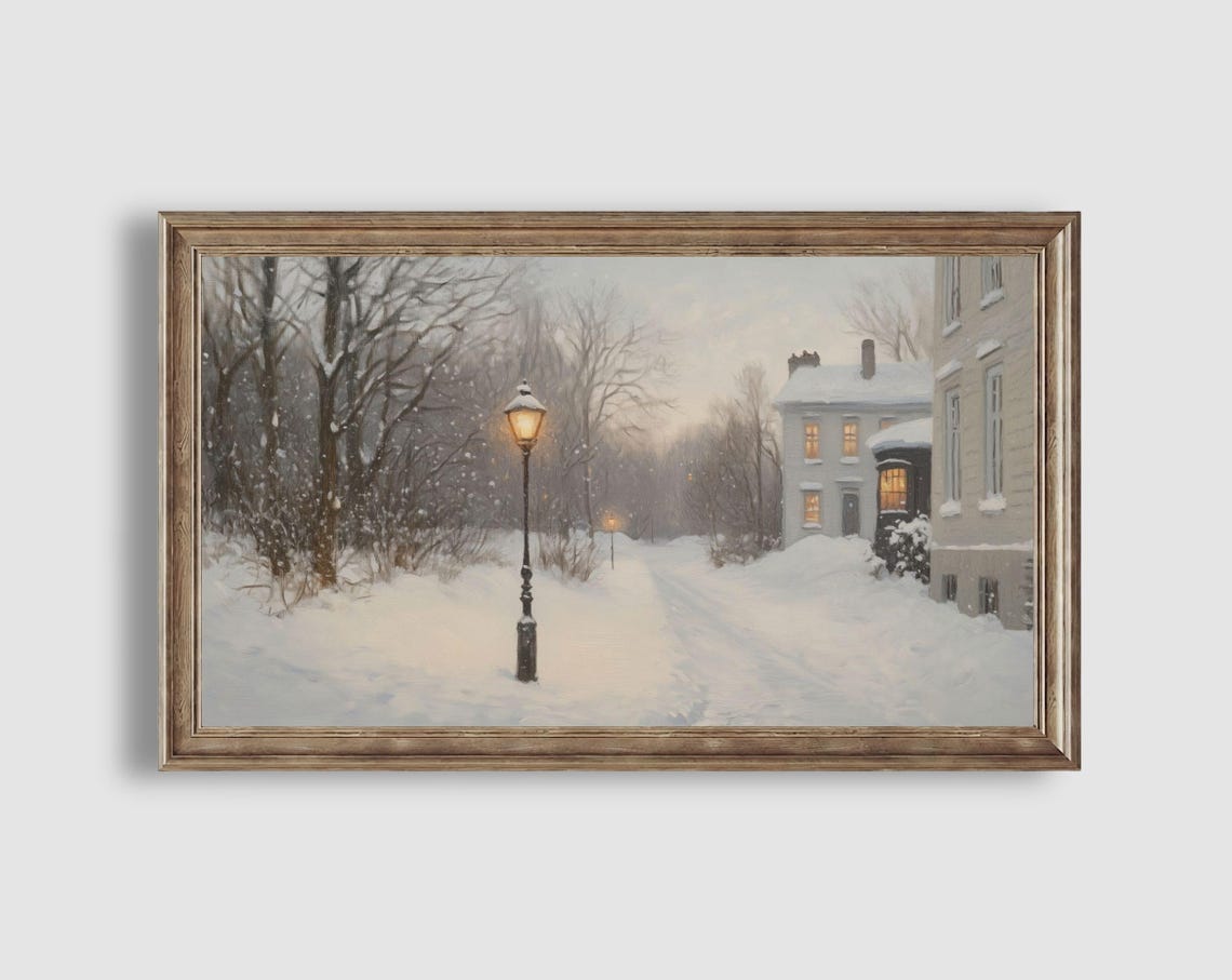 Snowy Path Lit Windows Glowing Lamppost Winter Dusk Scene Poster - Image 2