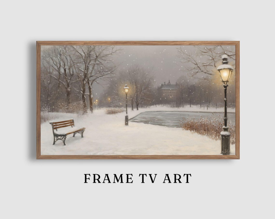 Snowy Winter Park Bench Lamppost Falling Snow Landscape Poster