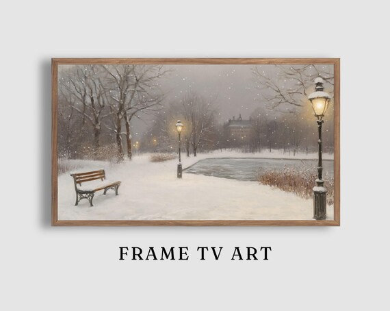 Snowy Winter Park Bench Lamppost Falling Snow Landscape Poster