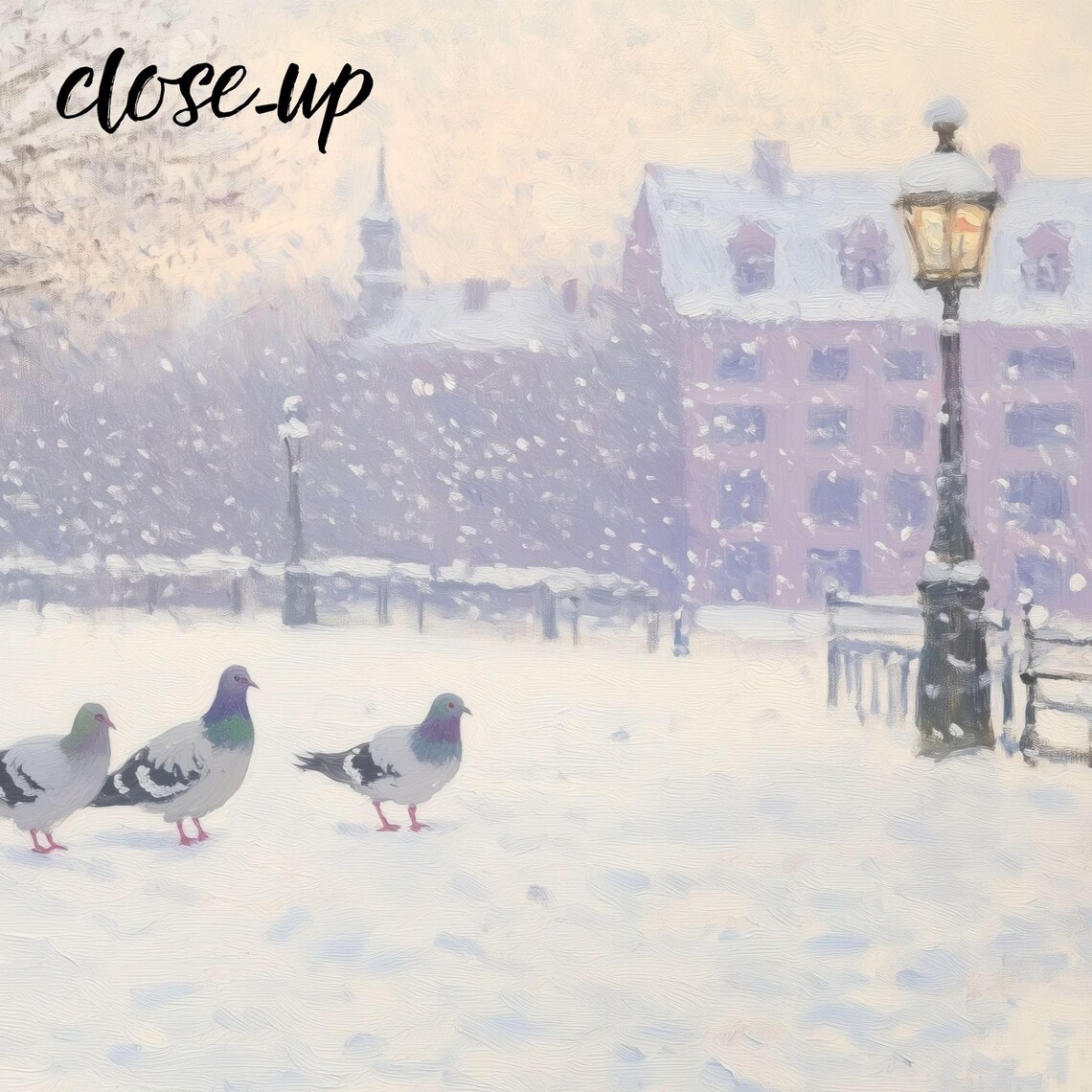 Pigeons Gathering on a Snowy Park Path with Lampposts in Winter Painting Poster - Image 3