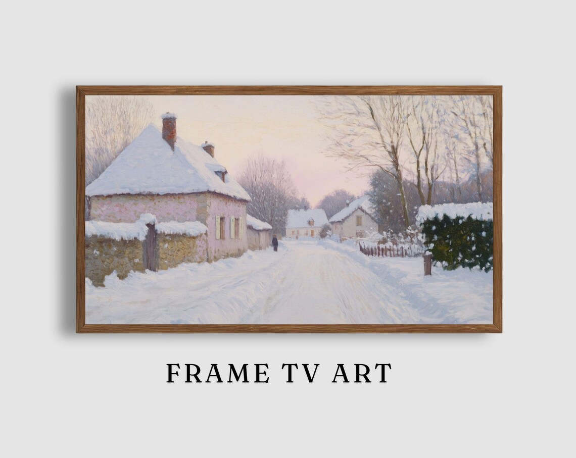 Snowy Village Lane with Pink Stone Cottages at Rosy Winter Dawn Painting Poster