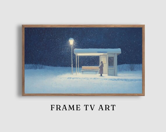 Solitary Figure Waiting at a Snowy Night Bus Stop in Warm Lamplight Poster