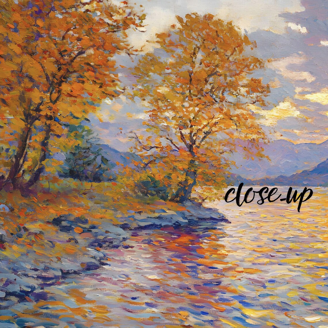 Golden Autumn Lakeside Sunset with Trees Reflecting on Calm Water Painting Poster - Image 4