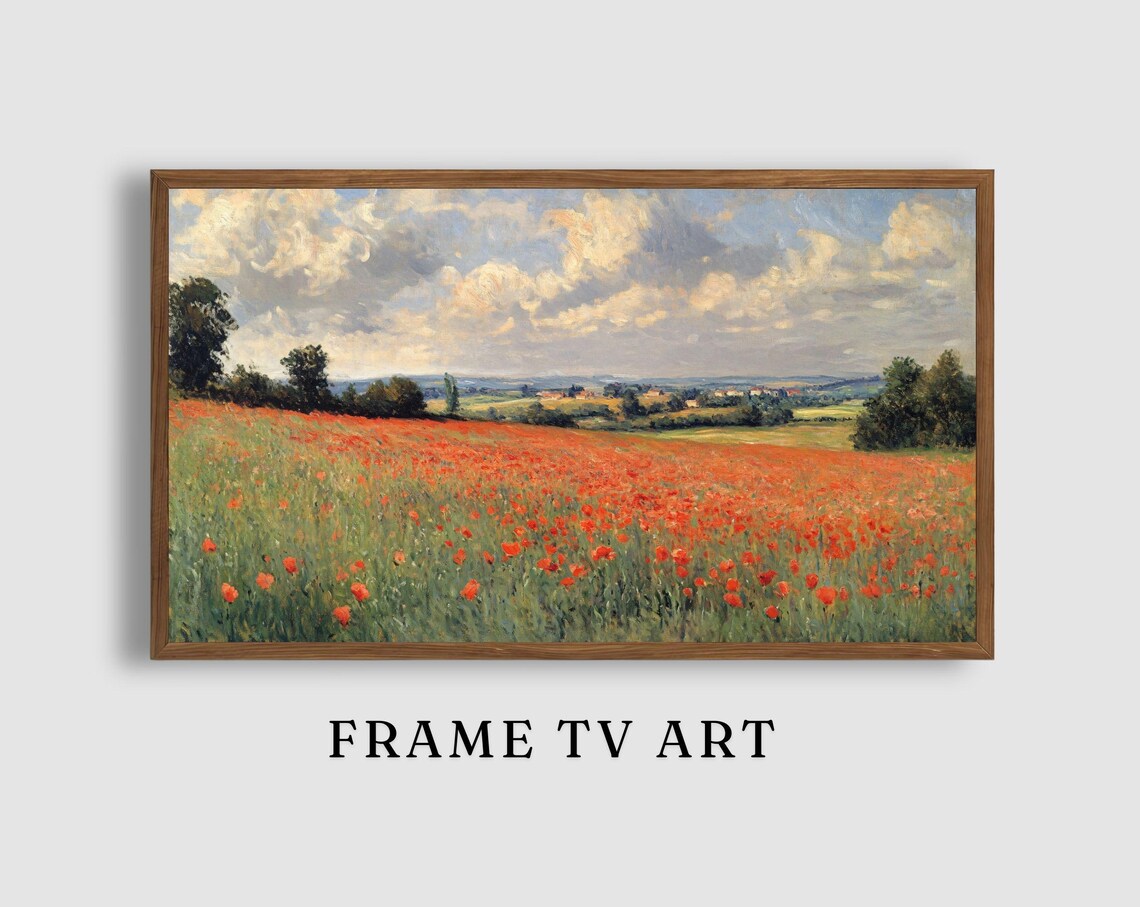 Red Poppy Field Rolling Green Hills Summer Landscape Art Poster