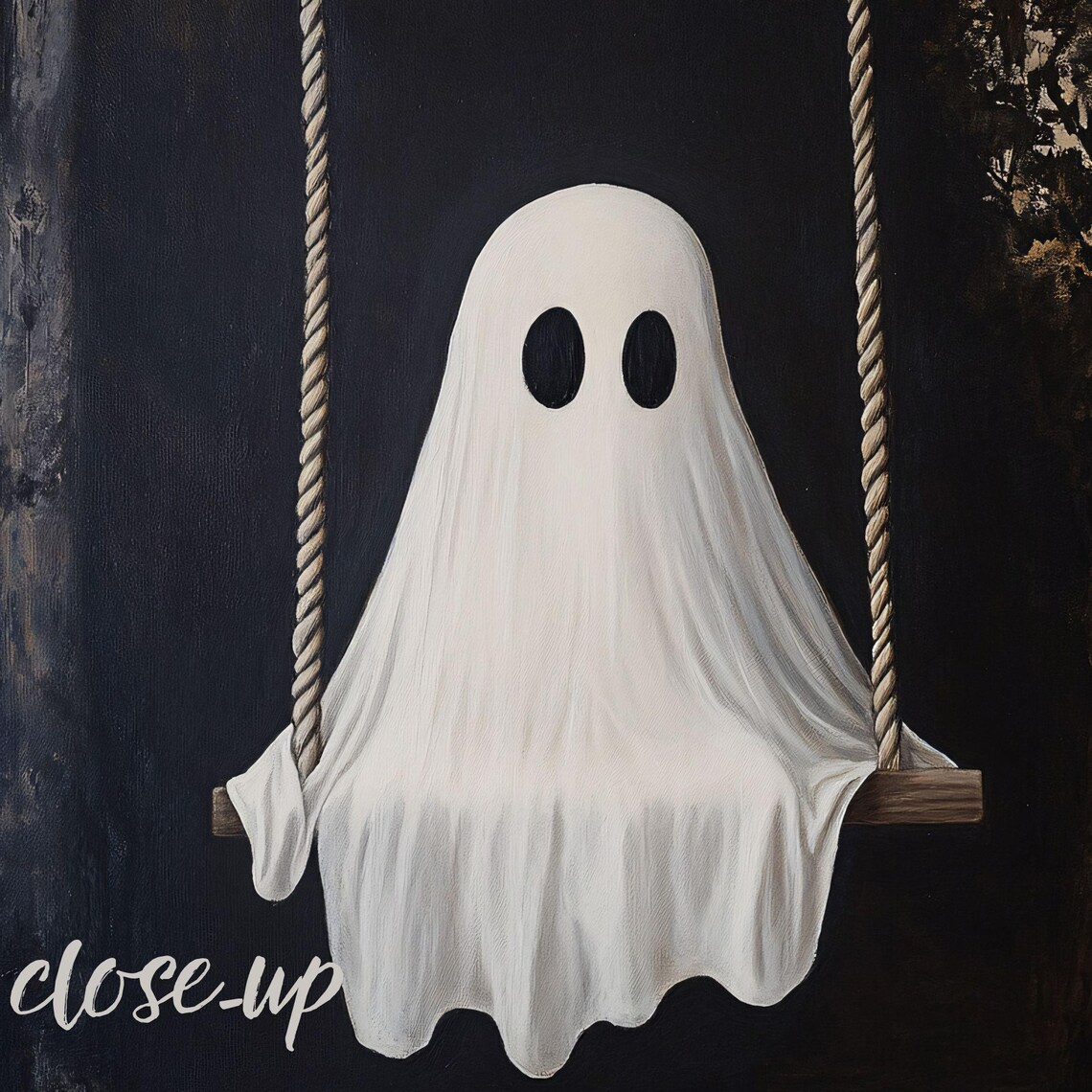 Cute Ghost Sitting on Swing Dark Moody Halloween Painting Poster - Image 3
