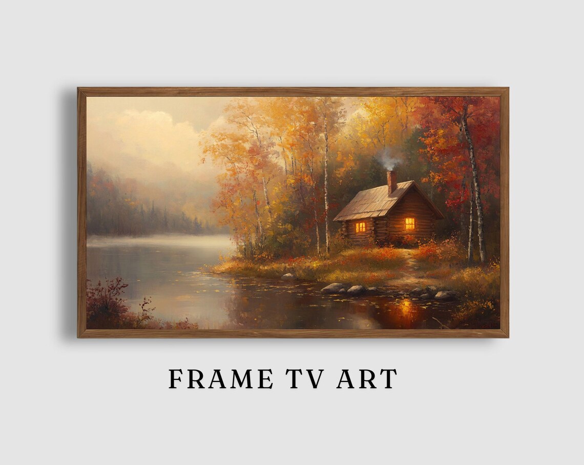 Cozy Log Cabin Lit Windows Misty Autumn Lake Woodland Retreat Art Poster