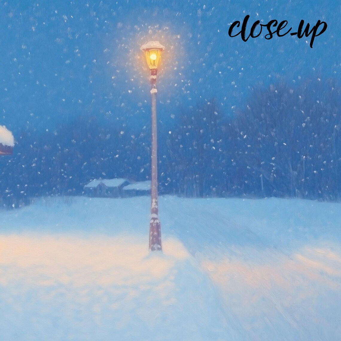 Warmly Lit Bus Shelter in Falling Snow at Night with a Lonely Traveler Poster - Image 3