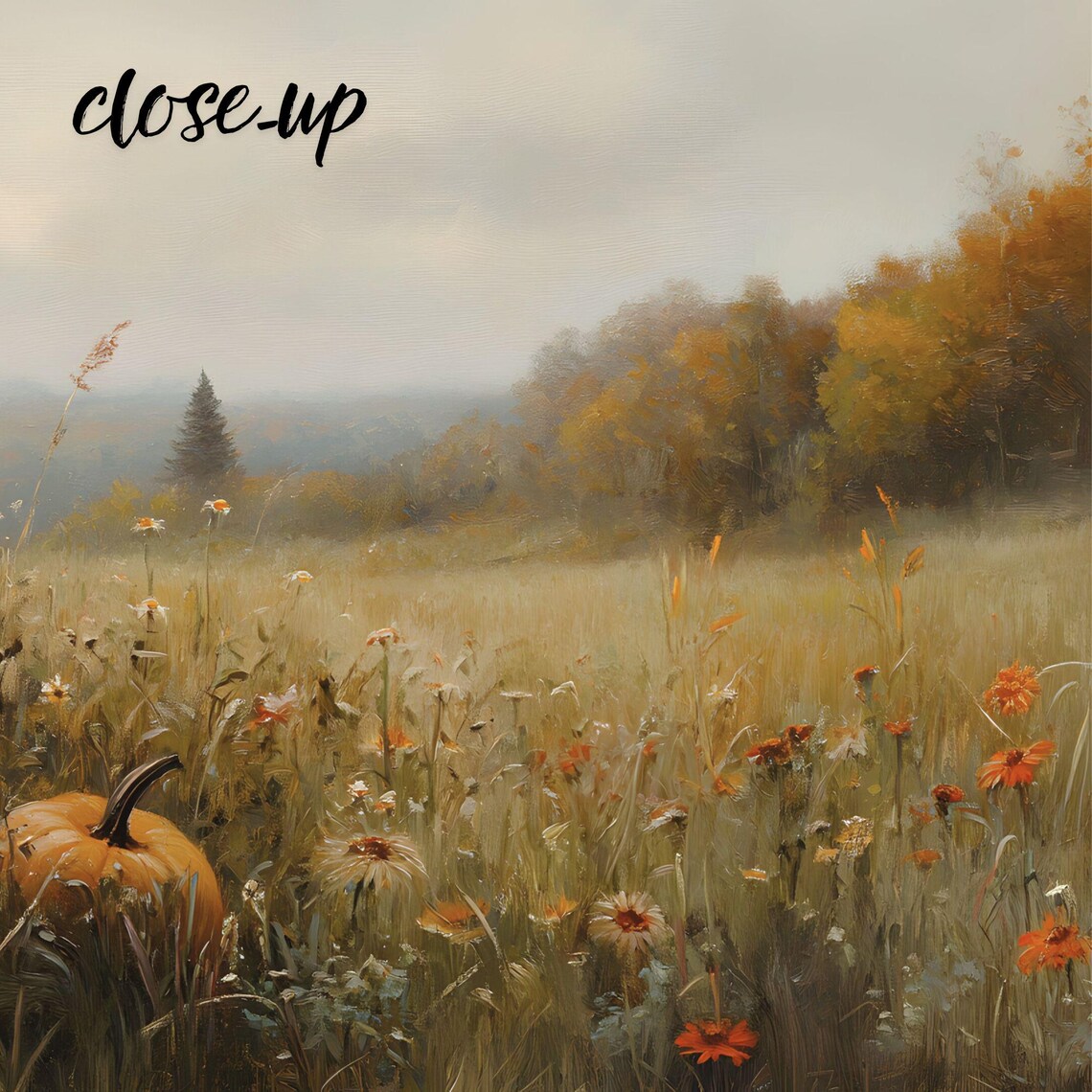 Autumn Pumpkins and Wildflowers Resting in a Misty Golden Meadow Painting Poster - Image 3