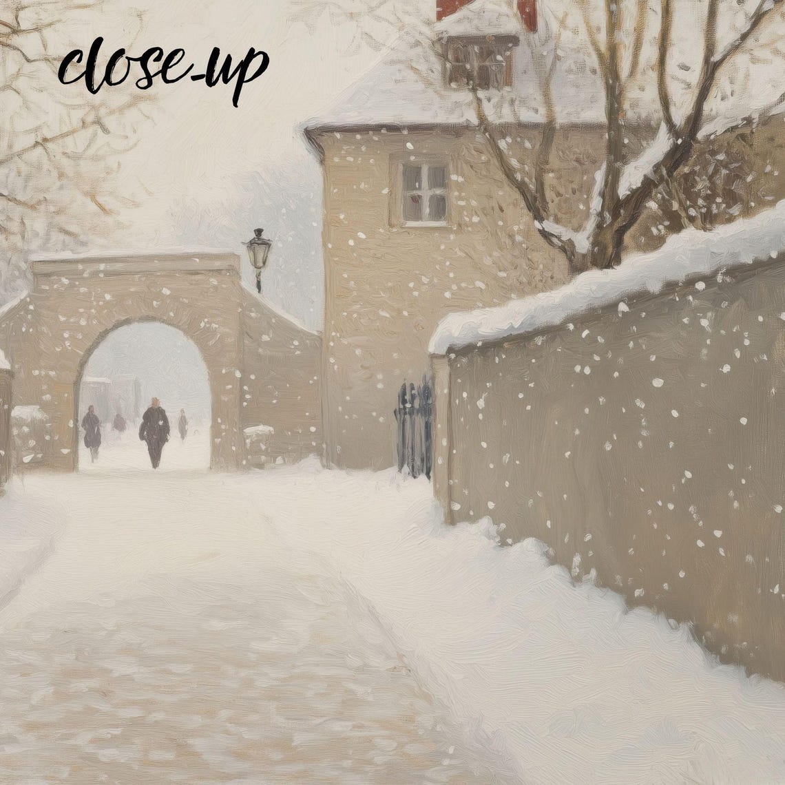 Snowy Lane Stone Archway Figures Old Town Winter Walk Poster - Image 3