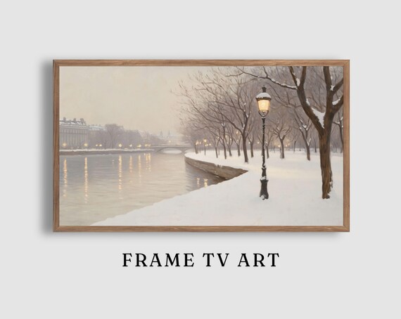 Snowy Riverside Pathway Lamppost River Lights Winter Evening Poster