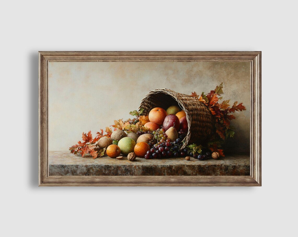 Cornucopia Harvest Still Life Autumn Fruit Grapes and Leaves Art Poster - Image 2