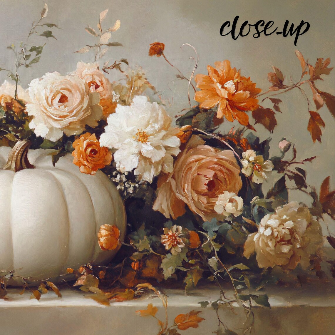 Pumpkins with Garden Roses Elegant Floral Still Life Autumn Poster - Image 3