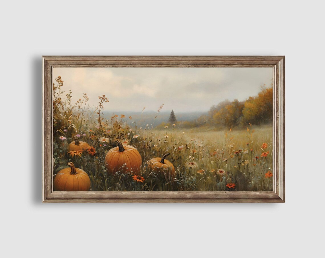Autumn Pumpkins and Wildflowers Resting in a Misty Golden Meadow Painting Poster - Image 2