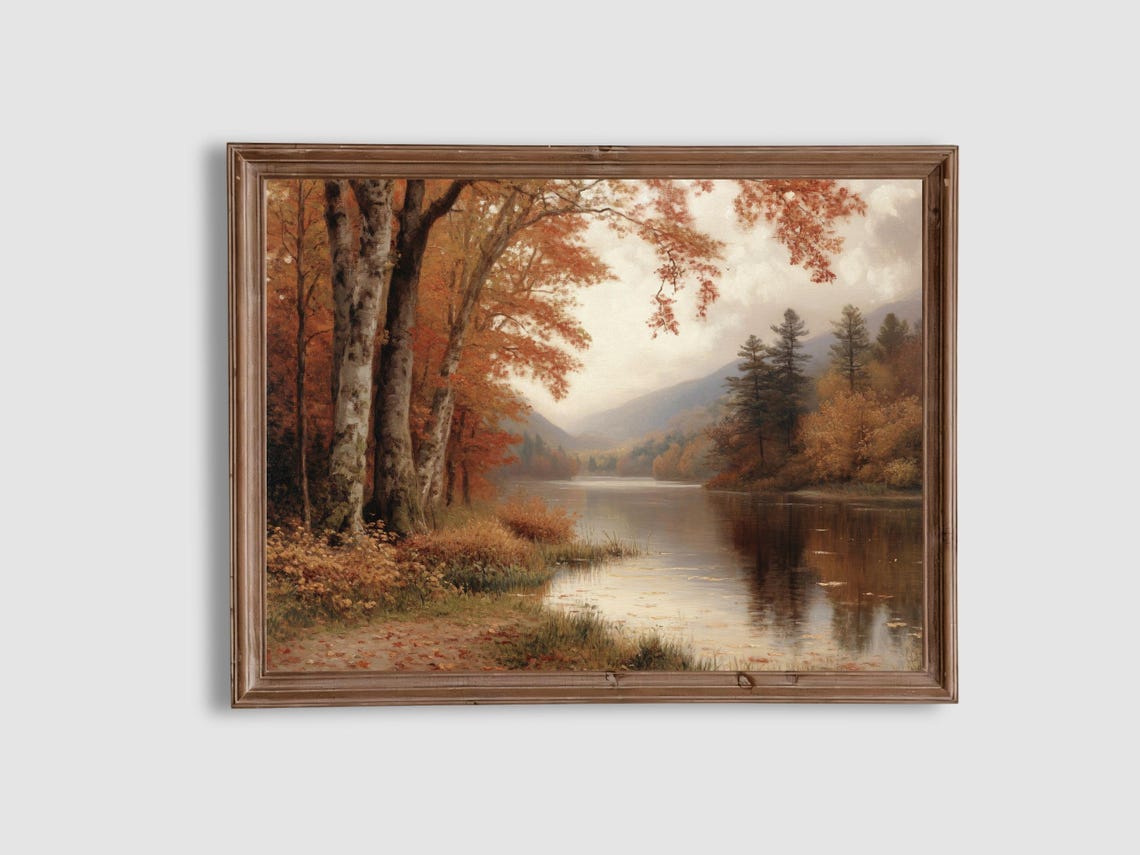 Autumn Riverbank Birch Trees Vintage Hudson River Style Art Poster
