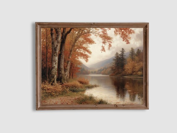 Autumn Riverbank Birch Trees Vintage Hudson River Style Art Poster