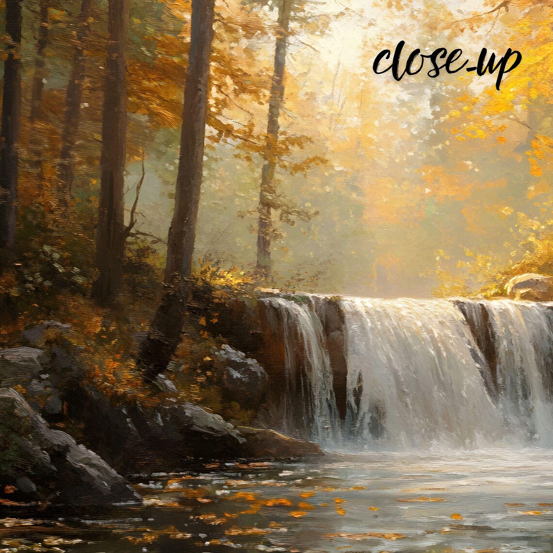 Autumn Waterfall Golden Forest Sunlight Cascading Falls Landscape Art Poster - Image 4