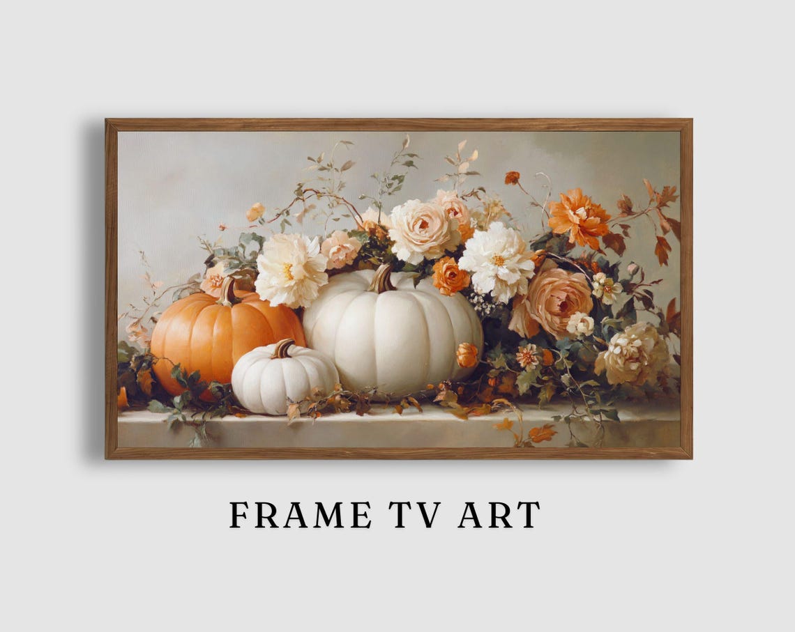 Pumpkins with Garden Roses Elegant Floral Still Life Autumn Poster
