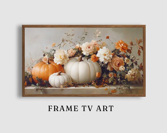 Pumpkins with Garden Roses Elegant Floral Still Life Autumn Poster