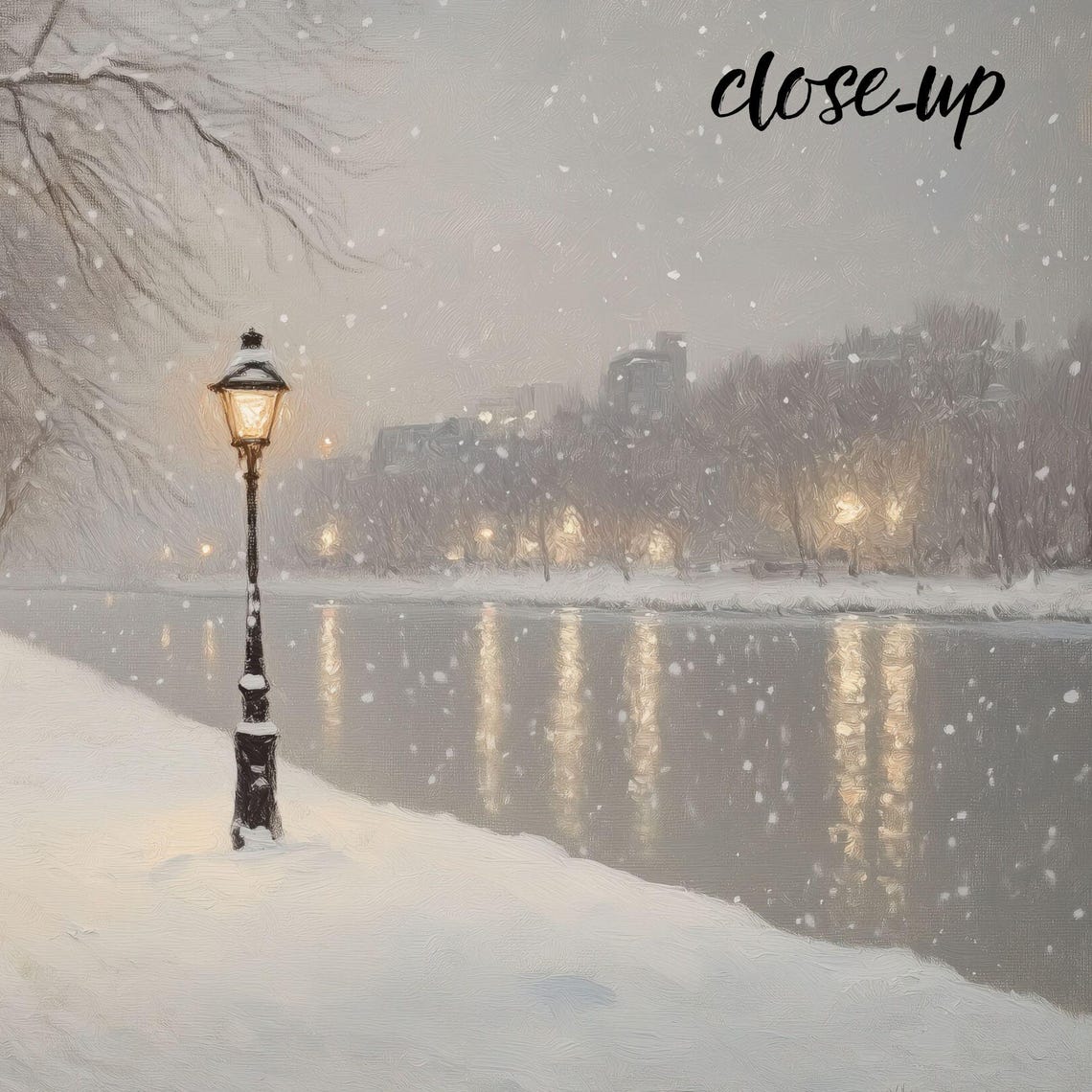 Snowy Riverside Pathway Glowing Lamppost Winter Stroll Scene Poster - Image 3