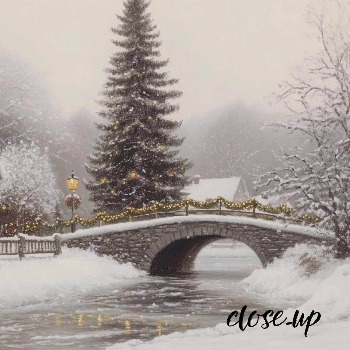 Snowy Cottage Christmas Scene Skaters Bridge Holiday Village Poster - Image 3