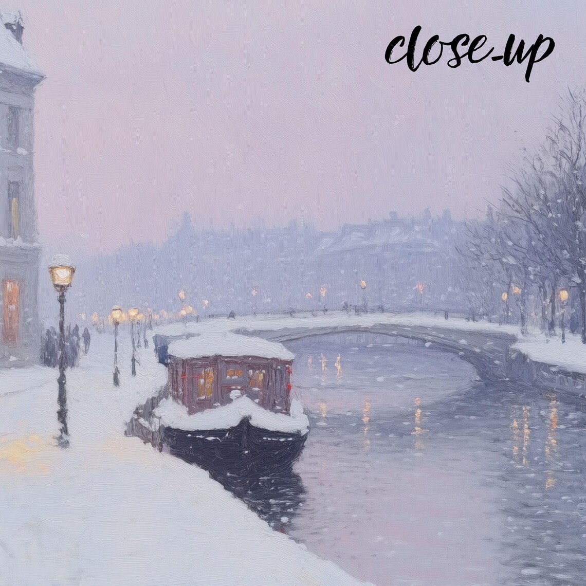 Snowy Canal with Houseboat Glowing Buildings and Bridge Winter Painting Poster - Image 3