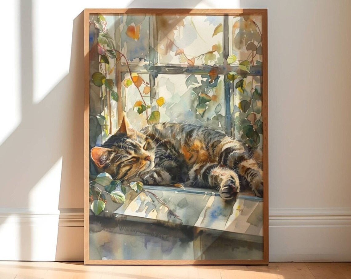 Tabby Cat in Window Art Print, Cat Wall Decor