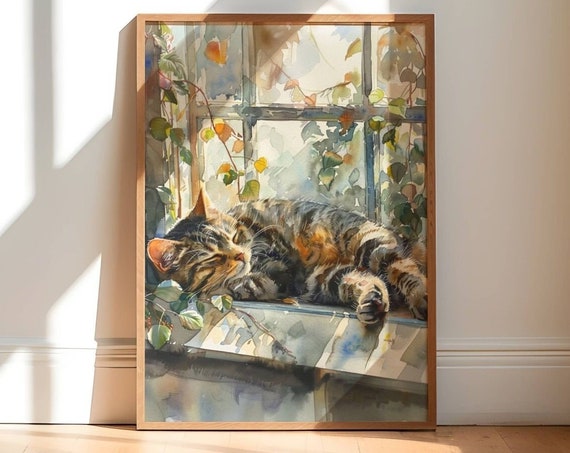 Tabby Cat in Window Art Print, Cat Wall Decor