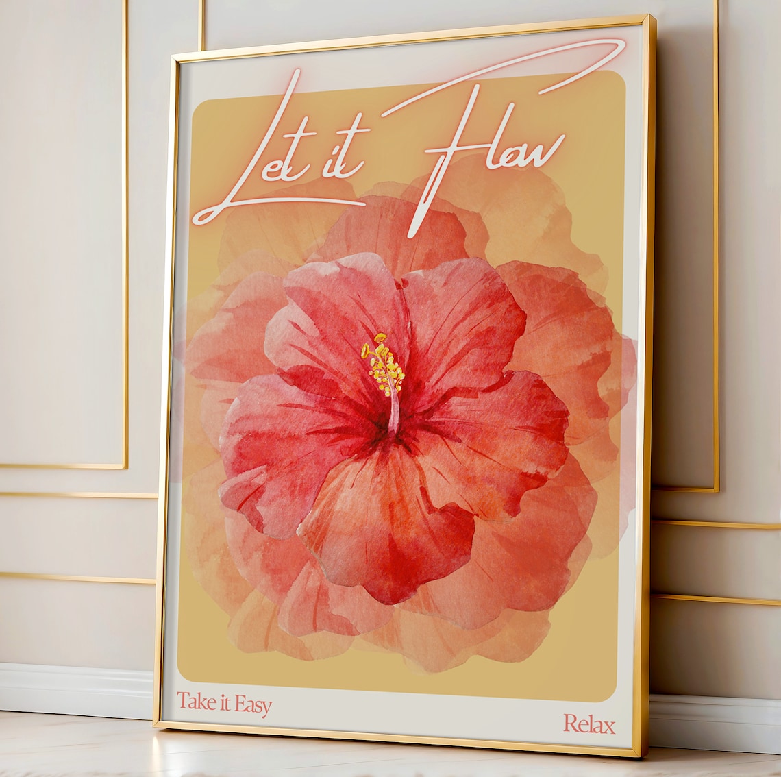 Let It Flow Hibiscus Watercolor Mustard Yellow Floral Zen Poster