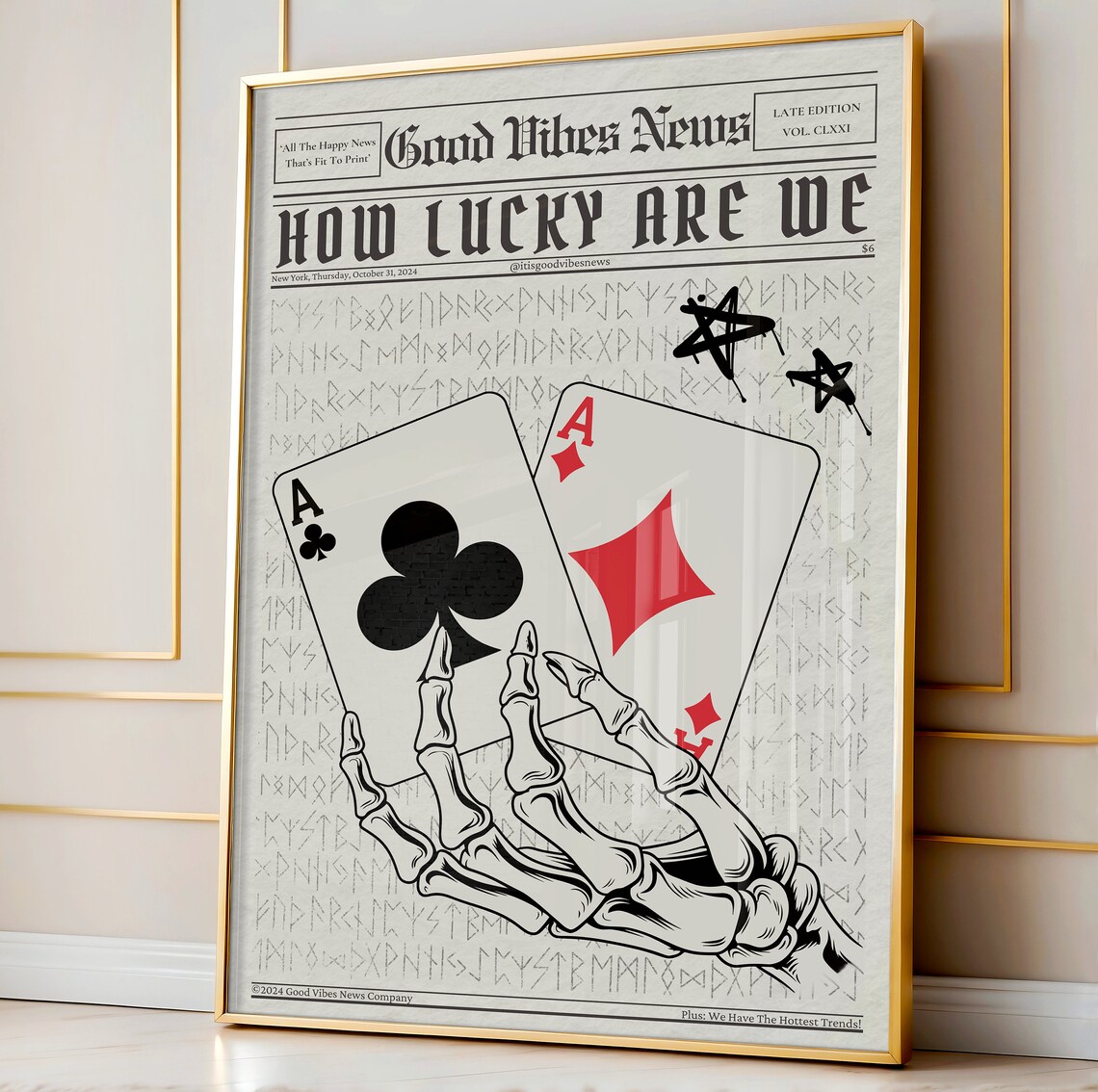 How Lucky Are We Newspaper Poster Skeleton Hand Holding Two Aces Artwork - Image 3