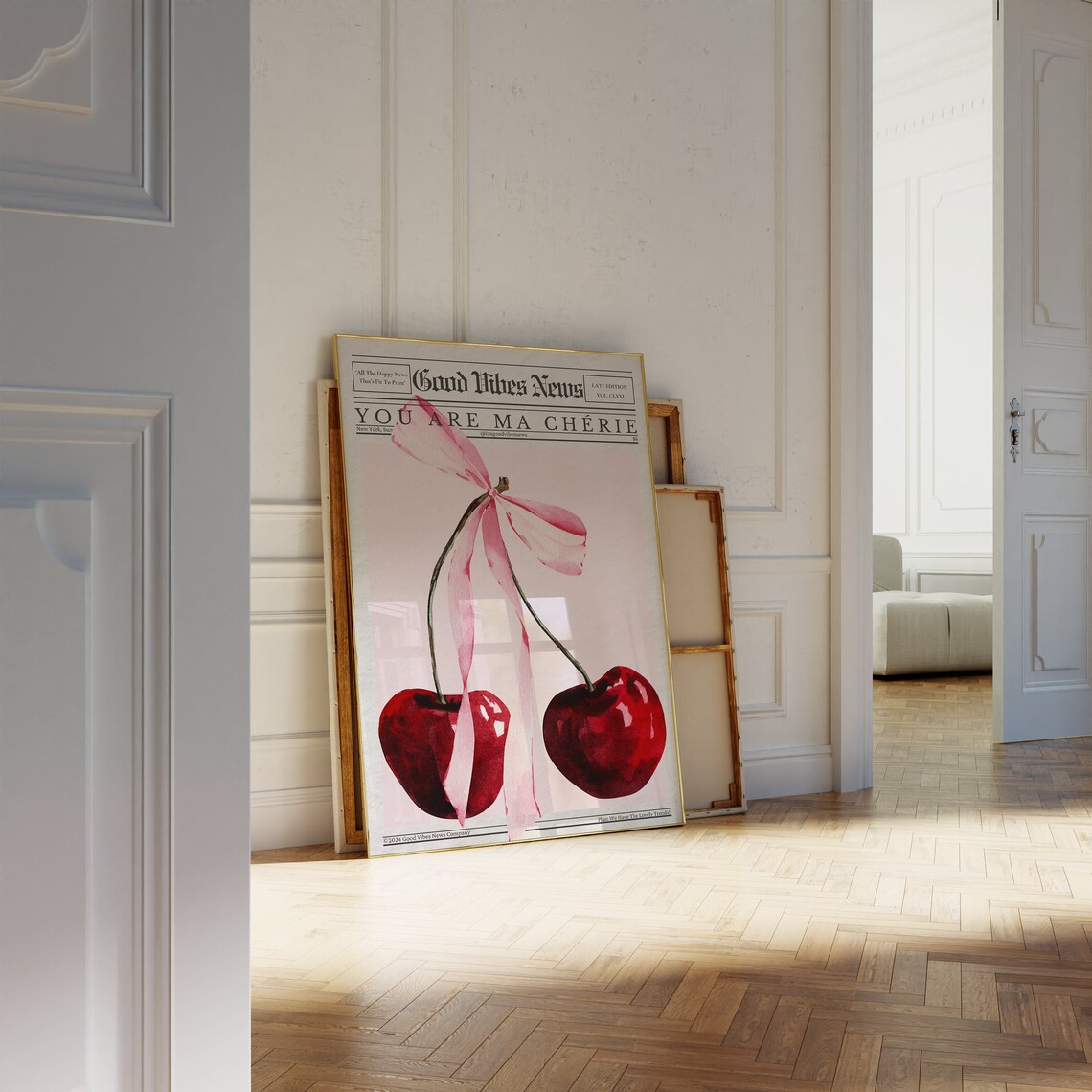 Pink Newspaper Watercolor Cherries Bow Art Print - Image 2