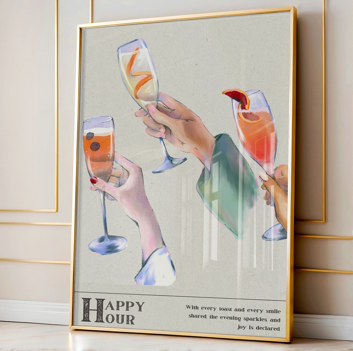 Happy Hour Champagne Flutes Toast Illustration Celebration Poster