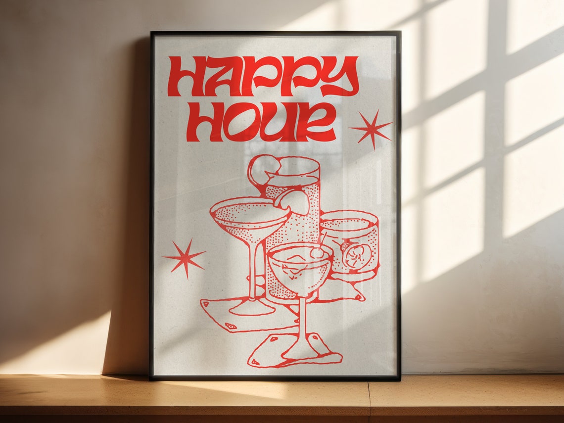 Happy Hour Red Line Art Cocktail Glasses Retro Bar Wall Poster - Image 2