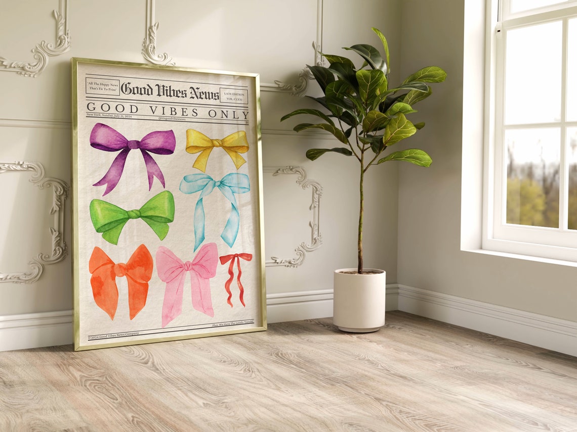 Trendy Newspaper Print Bows Wall Art Girly Wall Decor Good Vibes News Art Dorm Wall Print - Image 2