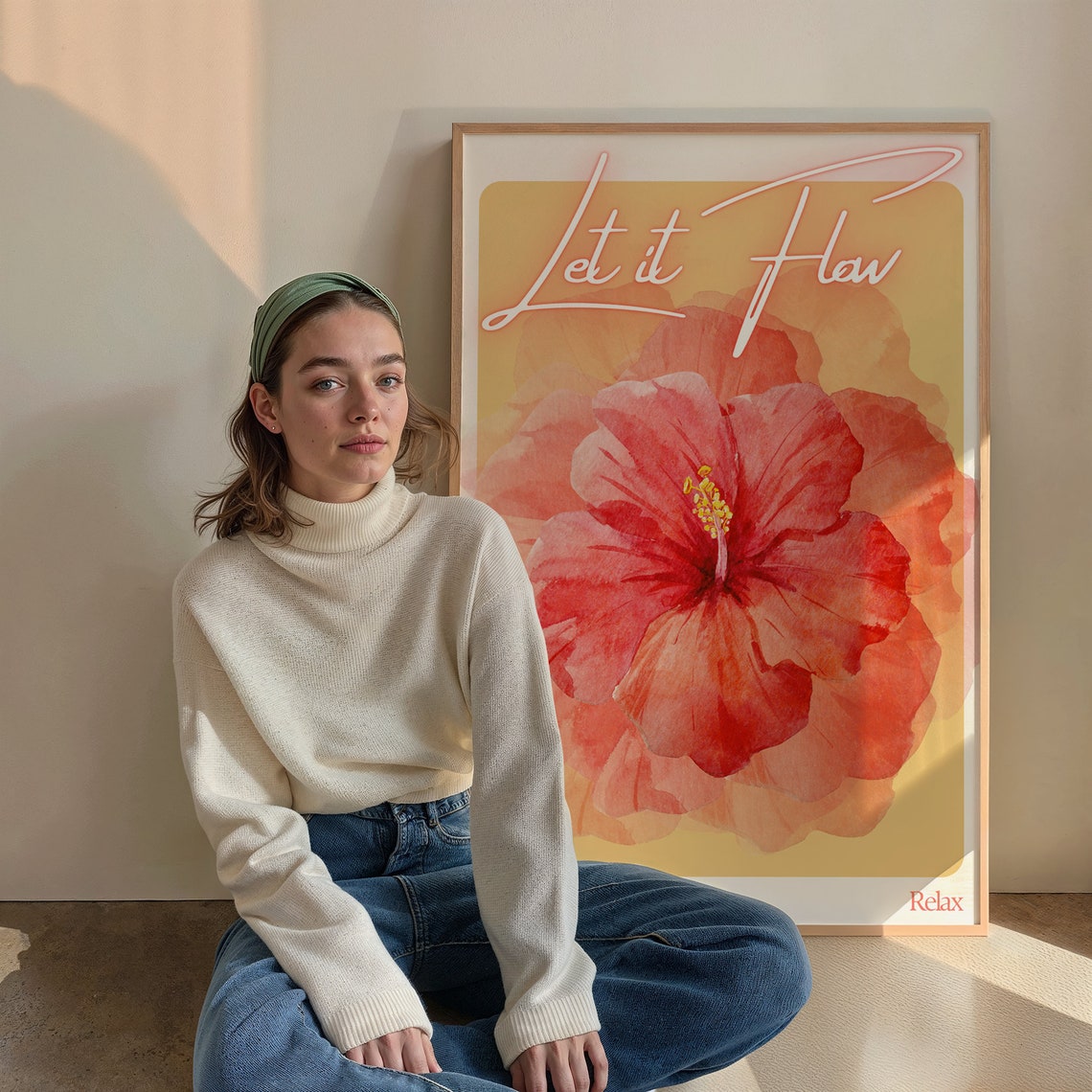 Let It Flow Hibiscus Watercolor Mustard Yellow Floral Zen Poster - Image 3
