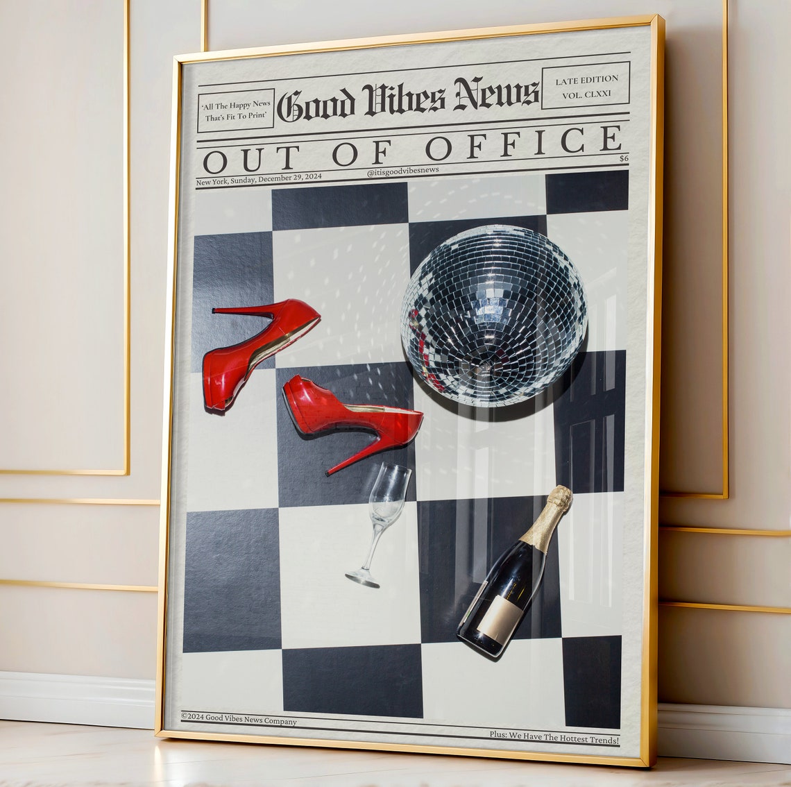 Out Of Office Red Heels Disco Ball Champagne Checkered Party Poster - Image 3