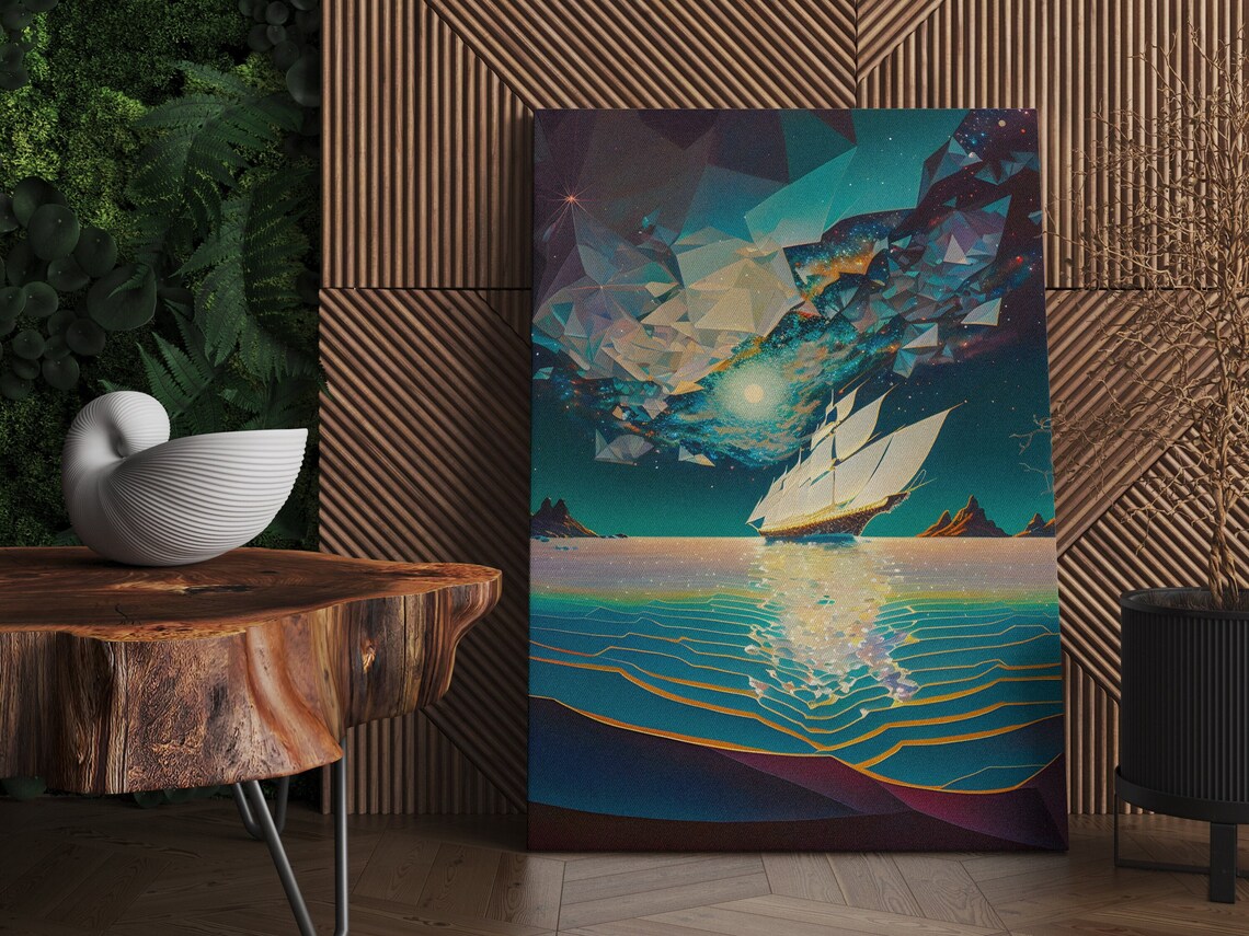 Prismatic Tall Ship Sailing Under Galaxy Night Crystal Sea Art Poster - Image 3