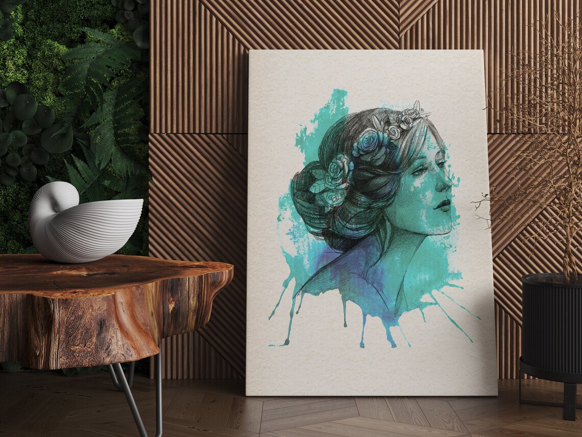 Teal Watercolor Woman Portrait With Floral Crown Artwork Poster