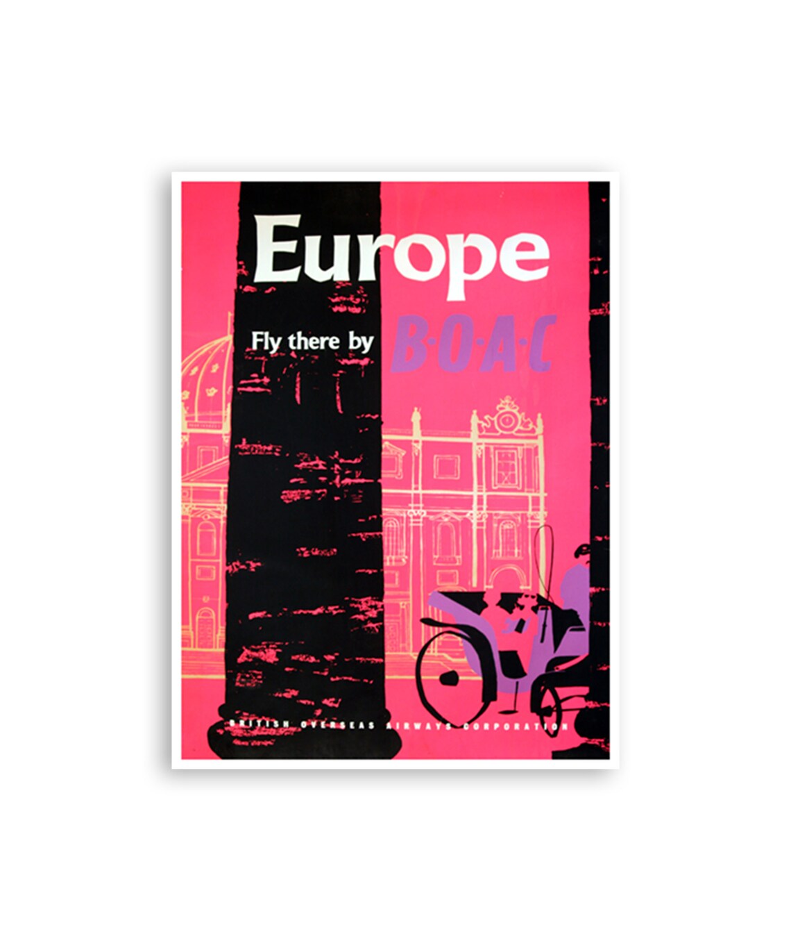Europe Fly There by BOAC Vintage 1960s Airline Travel Poster