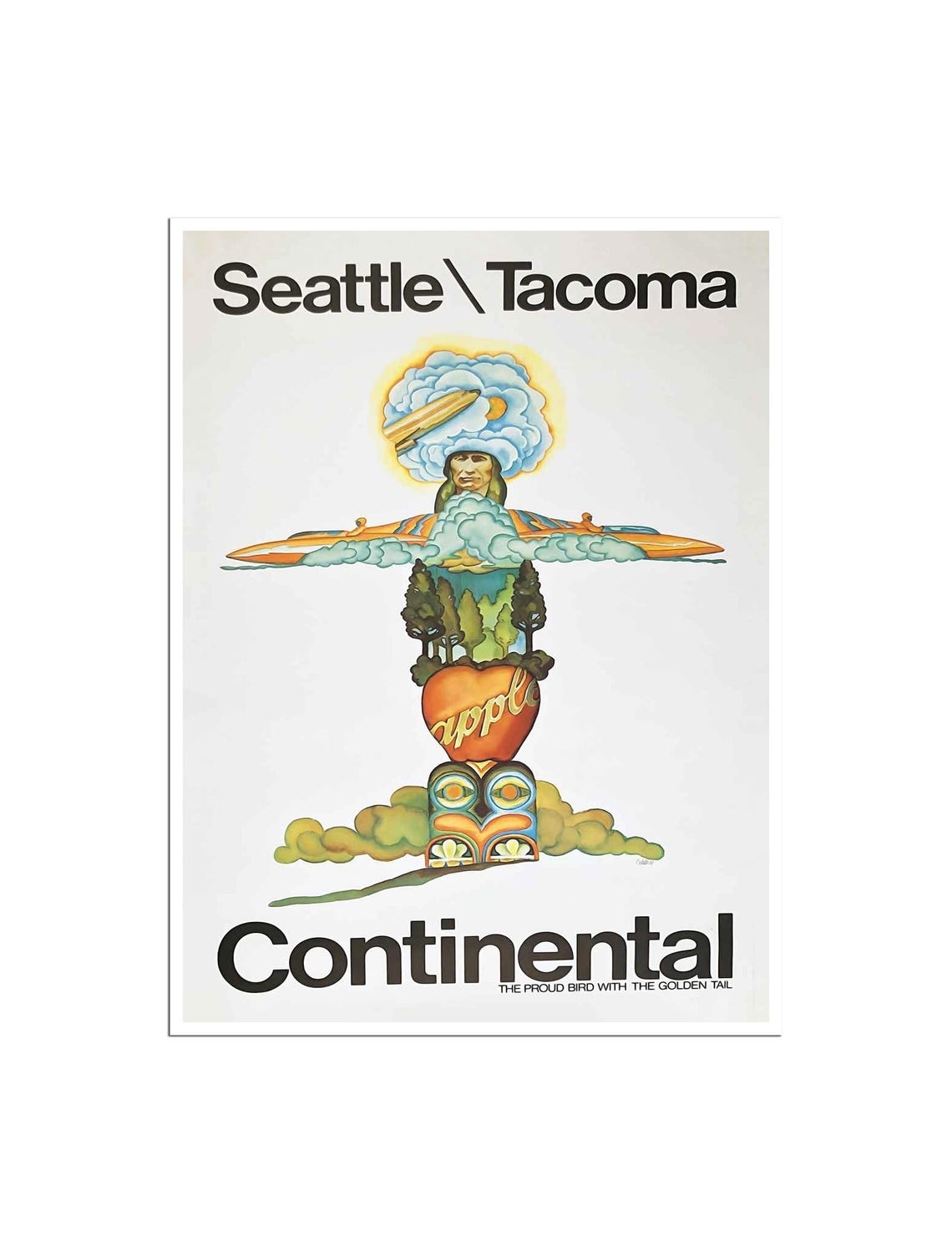 Seattle Tacoma Continental Vintage Travel Poster Totem Pole Art