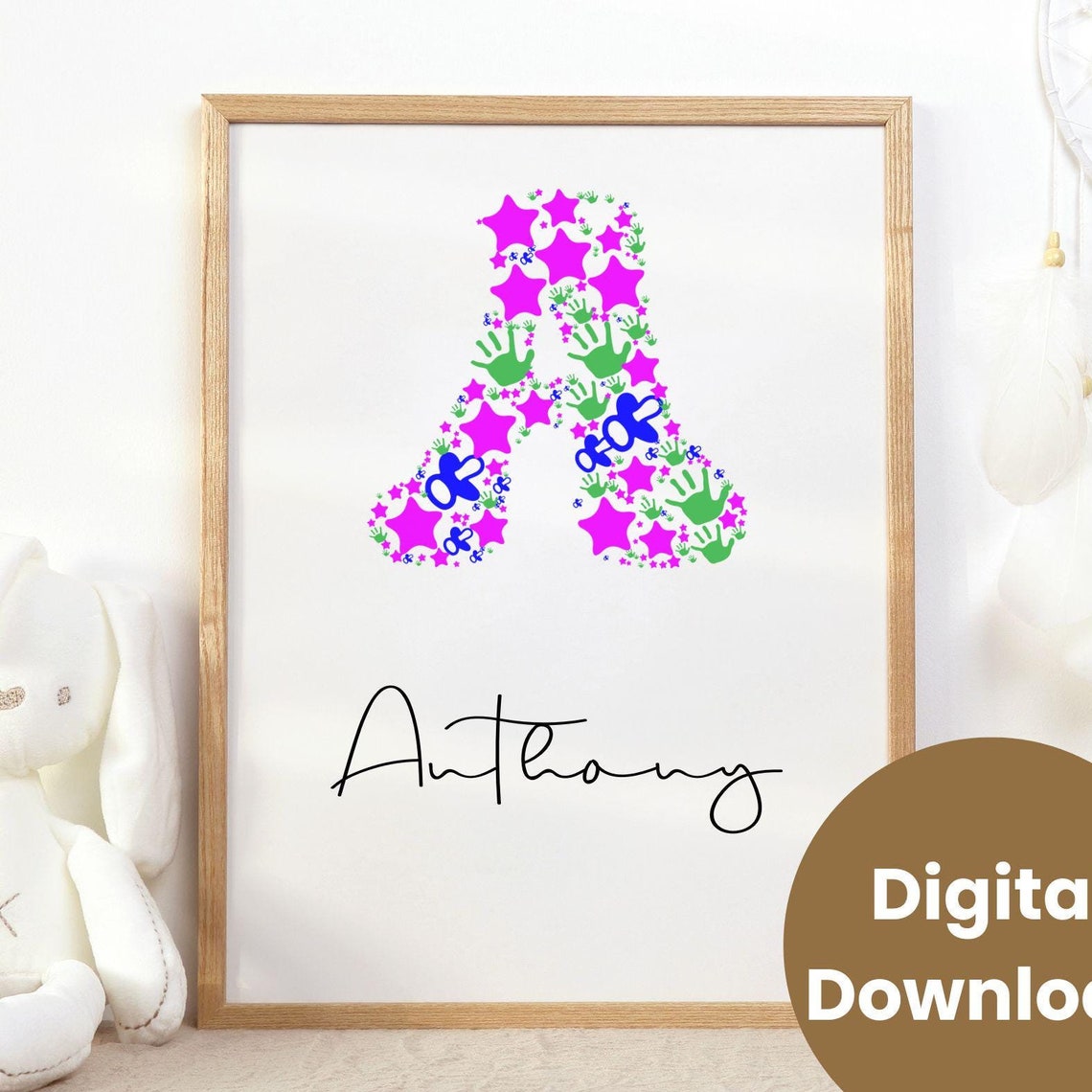 Starry Handprint Pacifier Letter A Personalized Nursery Name Poster